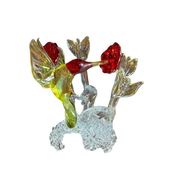 Beautiful Glass Hummingbird Figurine with Flowers. Red/Green. Shelf Decor. Bird. - Picture 2 of 8